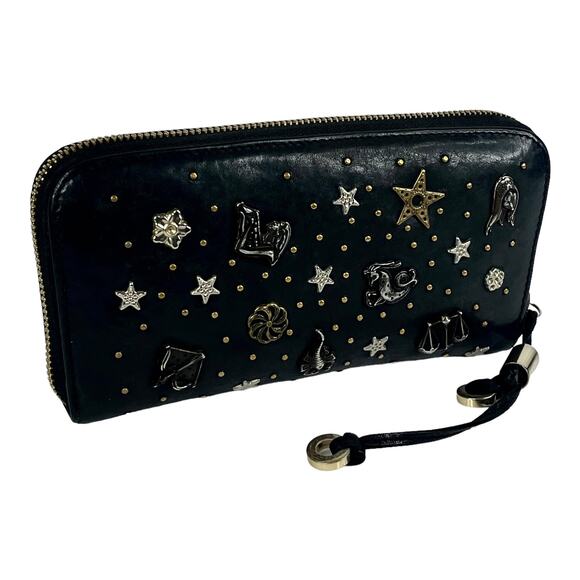 Jimmy Choo Long Wallet Zodiac Studded Zip Black Leather Clutch Purse Authentic - Picture 2 of 15